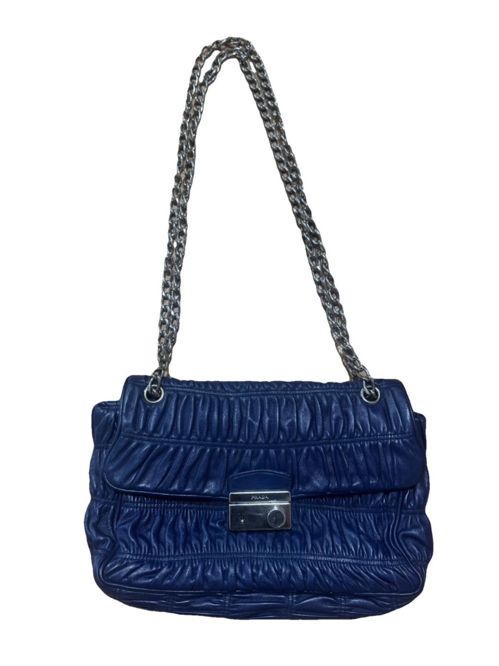 Prada Soft Leather Flap Bag in Royal Blue  with Silver Chain